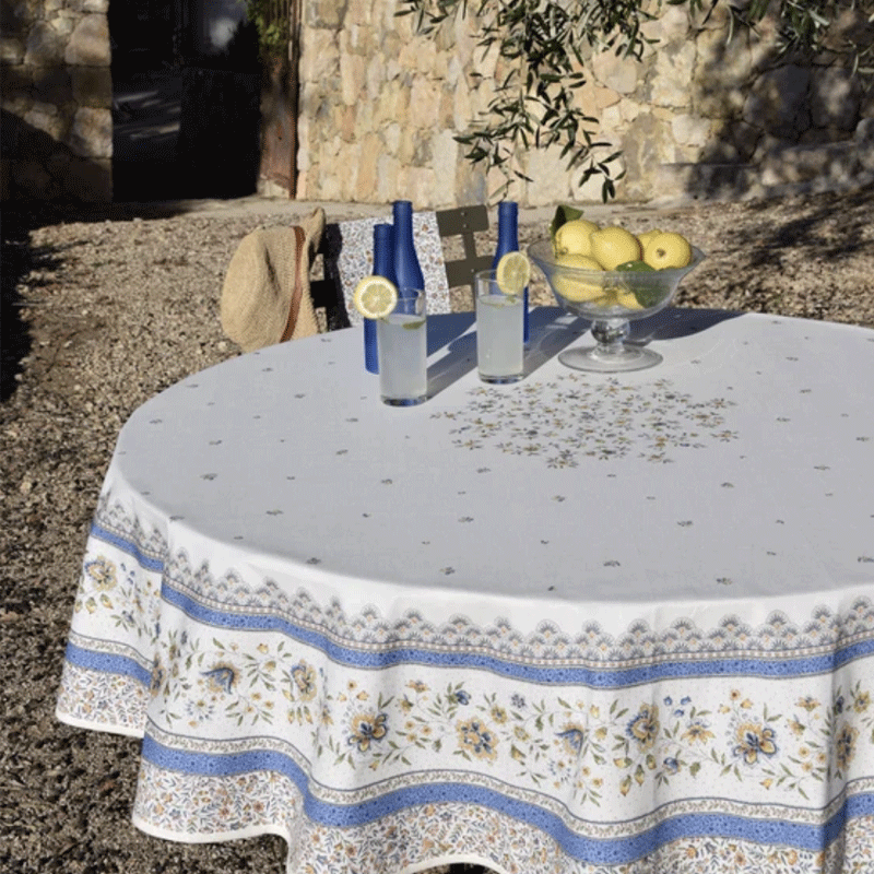BEAUCAIRE off white and blue Round Cotton Tablecloth