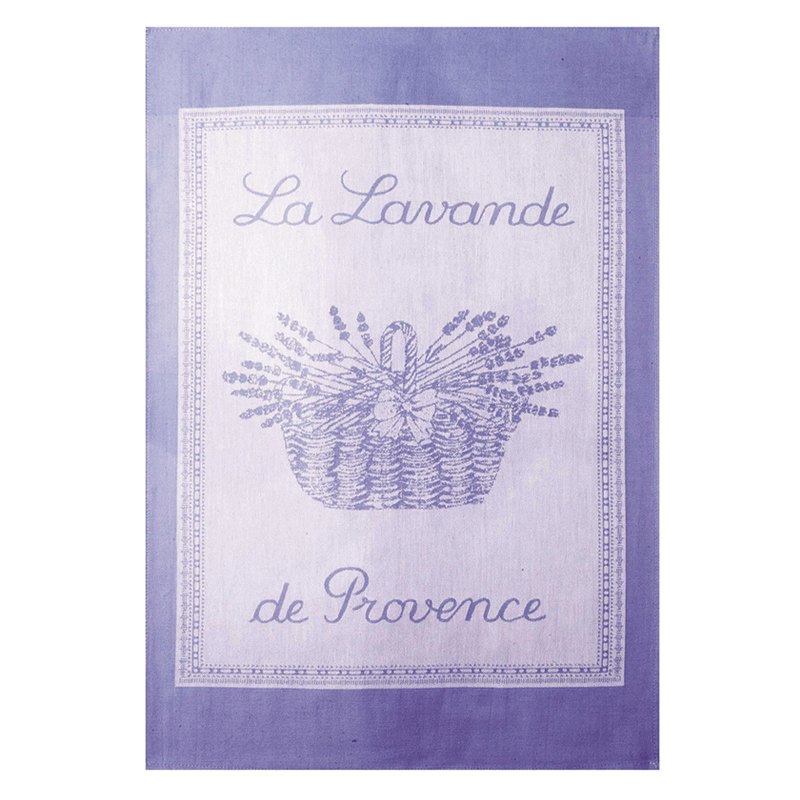 French laveder basket on a light blue tea towel to remember Provence