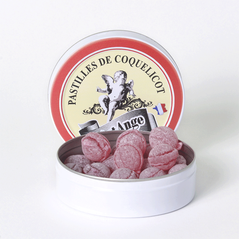 Poppy pastilles in a tin box. Discover lollies made in France by artisans.